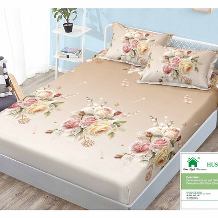 Husă de pat cu elastic din Bumbac Finet + 2 Fețe de Pernă, 160x200, Cod: DRM144