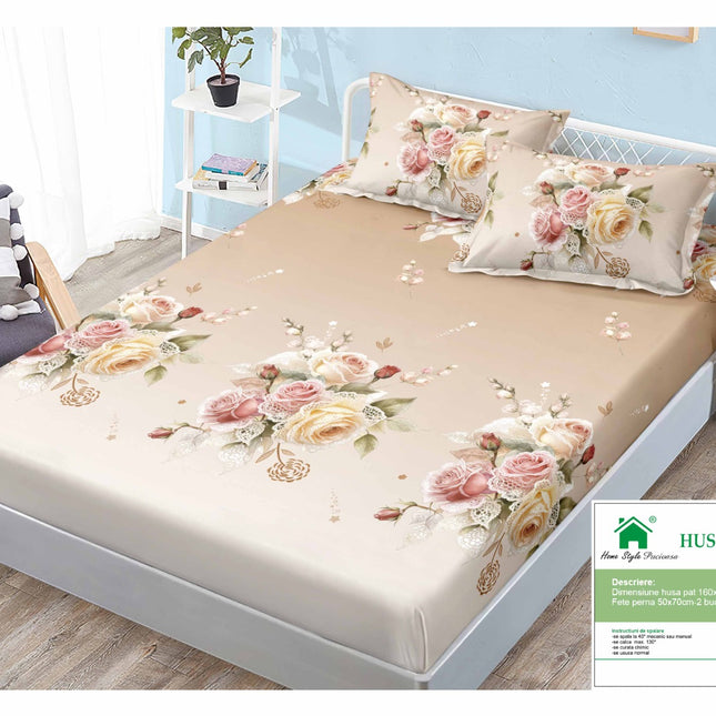 Husă de pat cu elastic din Bumbac Finet + 2 Fețe de Pernă, 160x200, Cod: DRM144