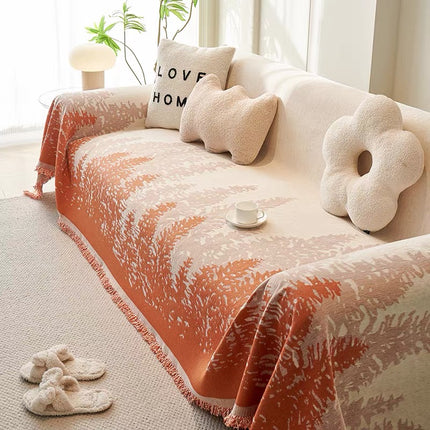 Cuvertură Chenille Premium – Teracotă cu Crem, Model Botanic Abstract | 180 × 260 cm, Cod: PRMV29