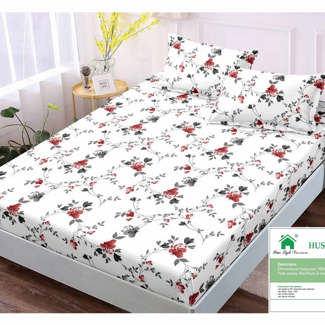 Husă de pat cu elastic din Bumbac Finet + 2 Fețe de Pernă, 160x200, Cod: DRM45