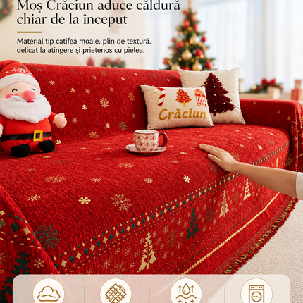 Cuvertură Chenille Premium – Roșu Festiv cu Fulgi de Nea și Brazi de Crăciun | 180 × 300 cm, Cod: PRMV35