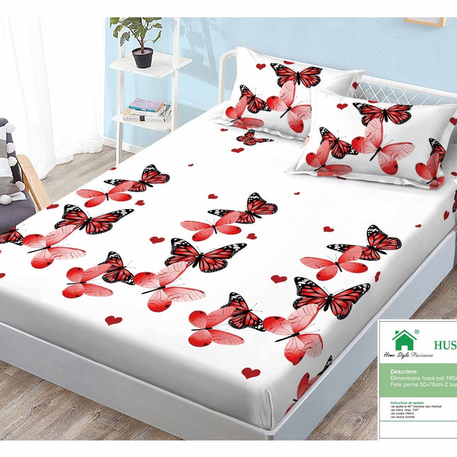 Husă de pat cu elastic din Bumbac Finet + 2 Fețe de Pernă, 160x200, Cod: DRM43