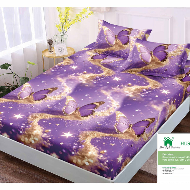 Husă de pat cu elastic din Bumbac Finet + 2 Fețe de Pernă, 140x200, Cod: DRM423