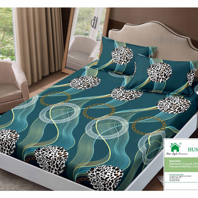 Husă de pat cu elastic din Bumbac Finet + 2 Fețe de Pernă, 160x200, Cod: DRM136
