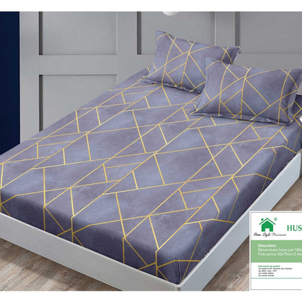 Husă de pat cu elastic din Bumbac Finet + 2 Fețe de Pernă, 160x200, Cod: DRM48
