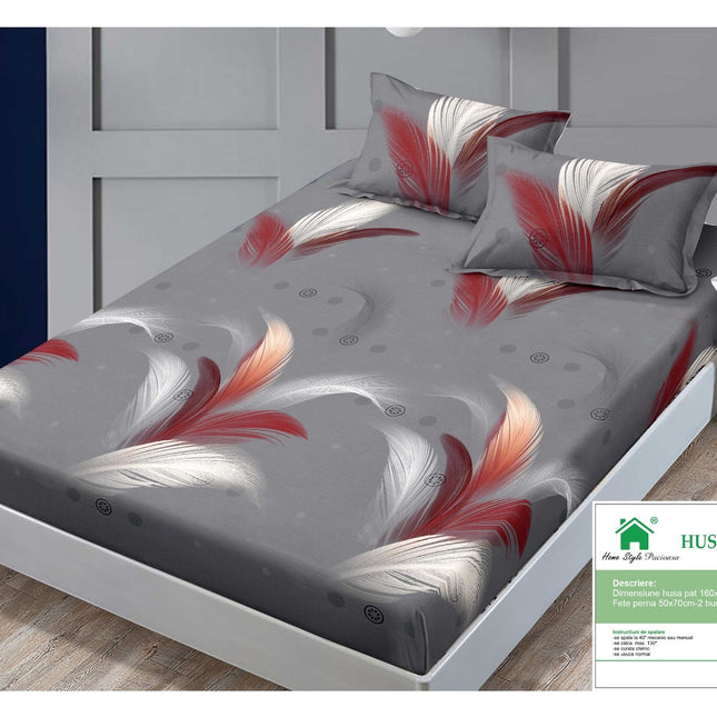 Husă de pat cu elastic din Bumbac Finet + 2 Fețe de Pernă, 160x200, Cod: DRM51