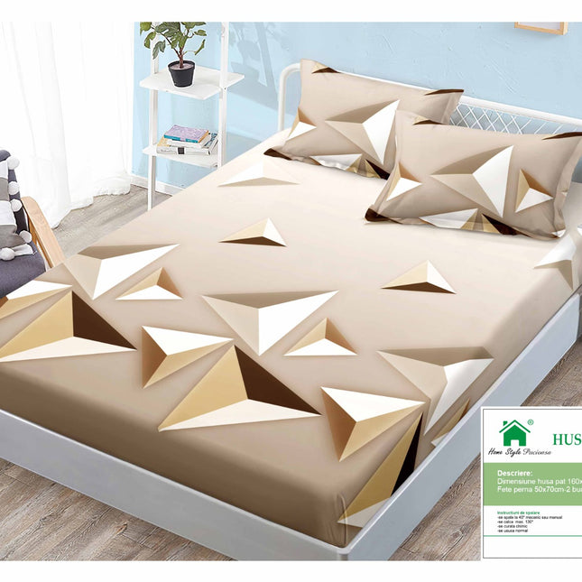 Husă de pat cu elastic din Bumbac Finet + 2 Fețe de Pernă, 160x200, Cod: DRM129