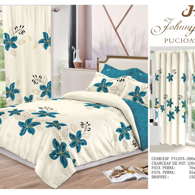 Lenjerie pat dublu, BUMBAC FINET, 8 piese, cu 2 DRAPERII INCLUSE, Cod: LDY11