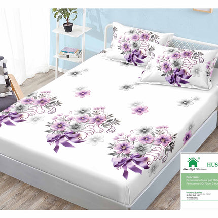 Husă de pat cu elastic din Bumbac Finet + 2 Fețe de Pernă, 160x200, Cod: DRM59