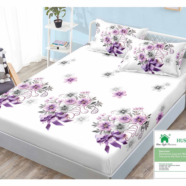 Husă de pat cu elastic din Bumbac Finet + 2 Fețe de Pernă, 160x200, Cod: DRM59