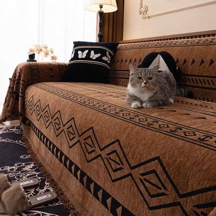 Cuvertură Chenille Premium – Maro cu Model Geometric Negru | 180 × 300 cm, Cod: PRMV43