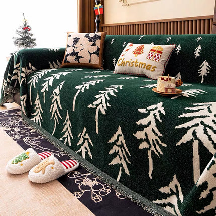 Cuvertură Chenille Premium – Verde Smarald cu Brazi Crem, Model de Iarnă | 180 × 260 cm, Cod: PRMV31