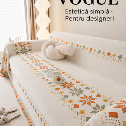 Husă pentru canapea din chenille premium, crem cu motive geometrice multicolore, 180 × 260 cm, Cod: PRMV20