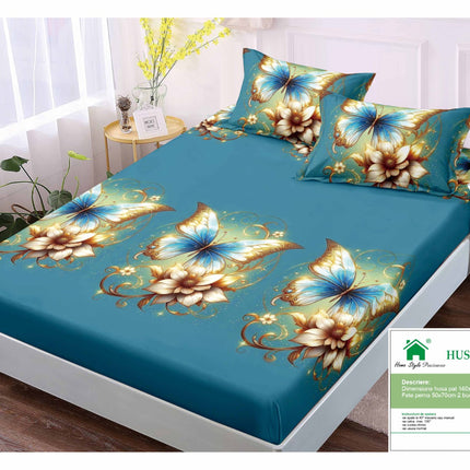 Husă de pat cu elastic din Bumbac Finet + 2 Fețe de Pernă, 140x200, Cod: DRM412