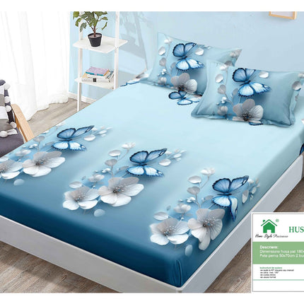 Husă de pat cu elastic din Bumbac Finet + 2 Fețe de Pernă, 180x200, Cod: DRM94