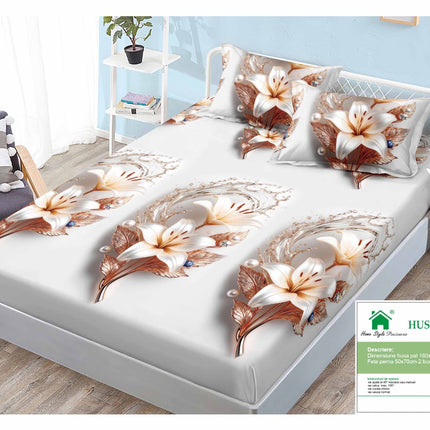 Husă de pat cu elastic din Bumbac Finet + 2 Fețe de Pernă, 160x200, Cod: DRM145