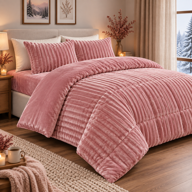 Set de Pat Premium 4 Piese Luxury Touch – tip Blăniță de Iepure & Catifea Moale, Pilotă 200×230 cm, Cearșaf cu Elastic + 2 Fețe de Pernă, Cod: EXW2