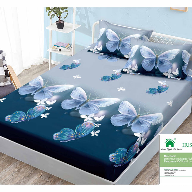 Husă de pat cu elastic din Bumbac Finet + 2 Fețe de Pernă, 140x200, Cod: DRM418