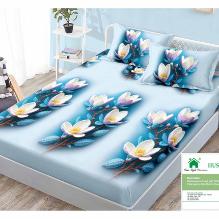 Husă de pat cu elastic din Bumbac Finet + 2 Fețe de Pernă, 140x200, Cod: DRM400