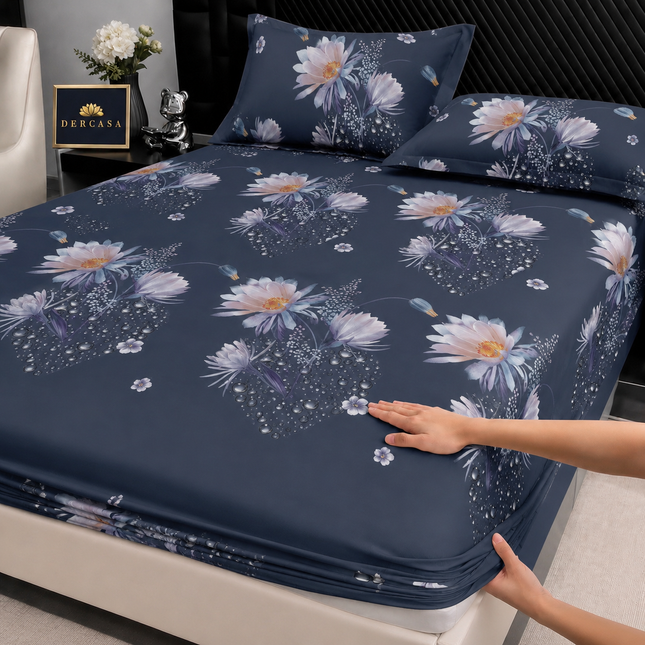 Husă de pat cu elastic din Bumbac Finet + 2 Fețe de Pernă, 180x200, Cod: DRW6