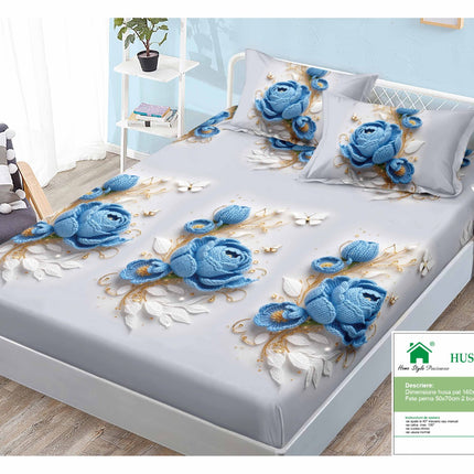 Husă de pat cu elastic din Bumbac Finet + 2 Fețe de Pernă, 140x200, Cod: DRM402