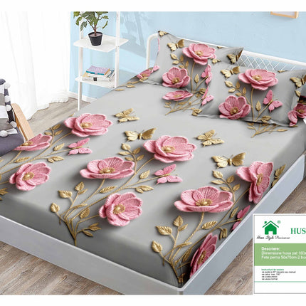 Husă de pat cu elastic din Bumbac Finet + 2 Fețe de Pernă, 160x200, Cod: DRM113