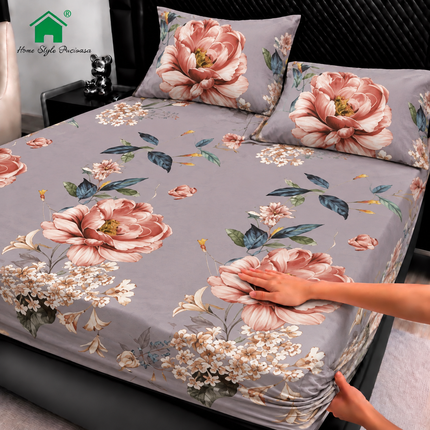 Husă de pat cu elastic din Bumbac Finet + 2 Fețe de Pernă, 180x200, Cod: DRM177
