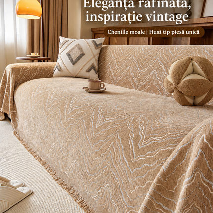 Cuvertură Chenille Premium – Bej Cappuccino cu Model Abstract, Stil Vintage | 180 × 260 cm, Cod: PRMV26