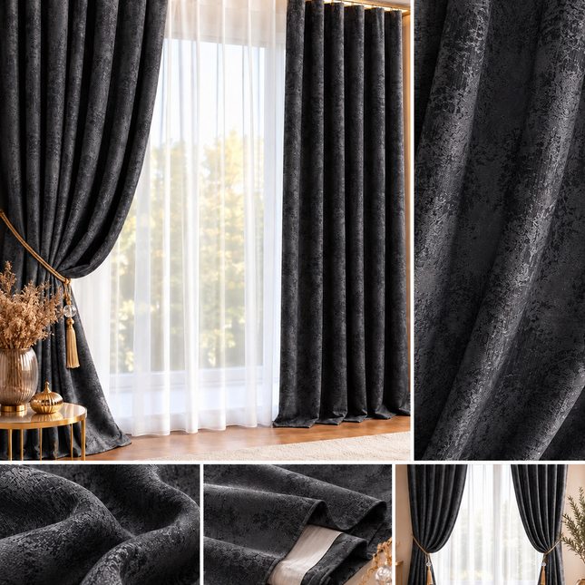 Draperii Sena – Set 2 bucăți, Jacquard Elegant, Negru Antracit, cu rejansă, Cod: SNA10