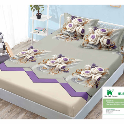 Husă de pat cu elastic din Bumbac Finet + 2 Fețe de Pernă, 140x200, Cod: DRM430