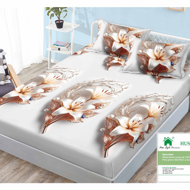 Husă de pat cu elastic din Bumbac Finet + 2 Fețe de Pernă, 160x200, Cod: DRM130