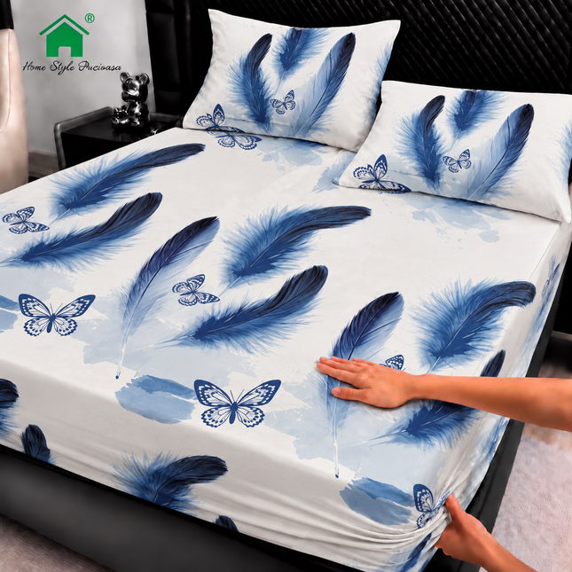 Husă de pat cu elastic din Bumbac Finet + 2 Fețe de Pernă, 180x200, Cod: DRM183