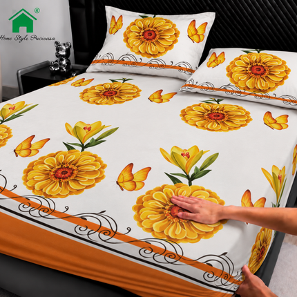 Husă de pat cu elastic din Bumbac Finet + 2 Fețe de Pernă, 180x200, Cod: DRM156