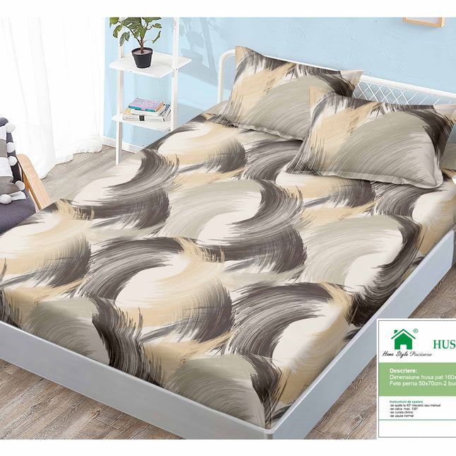 Husă de pat cu elastic din Bumbac Finet + 2 Fețe de Pernă, 160x200, Cod: DRM117