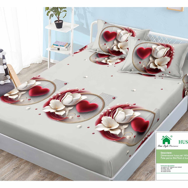 Husă de pat cu elastic din Bumbac Finet + 2 Fețe de Pernă, 140x200, Cod: DRM419