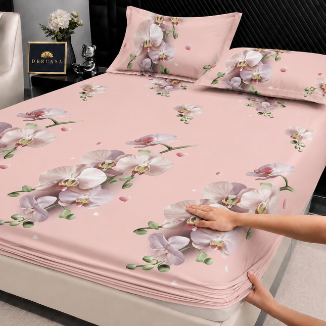 Husă de pat cu elastic din Bumbac Finet + 2 Fețe de Pernă, 180x200, Cod: DRW3