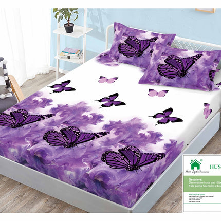 Husă de pat cu elastic din Bumbac Finet + 2 Fețe de Pernă, 160x200, Cod: DRM141