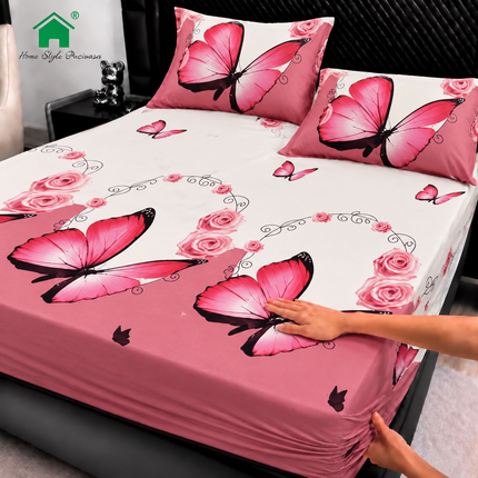 Husă de pat cu elastic din Bumbac Finet + 2 Fețe de Pernă, 180x200, Cod: DRM180