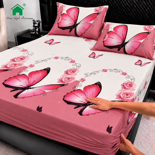 Husă de pat cu elastic din Bumbac Finet + 2 Fețe de Pernă, 180x200, Cod: DRM180