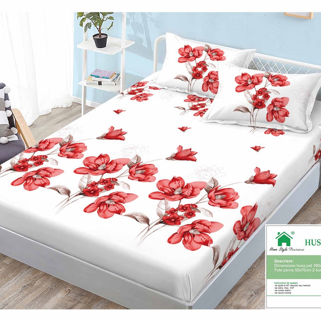 Husă de pat cu elastic din Bumbac Finet + 2 Fețe de Pernă, 160x200, Cod: DRM46