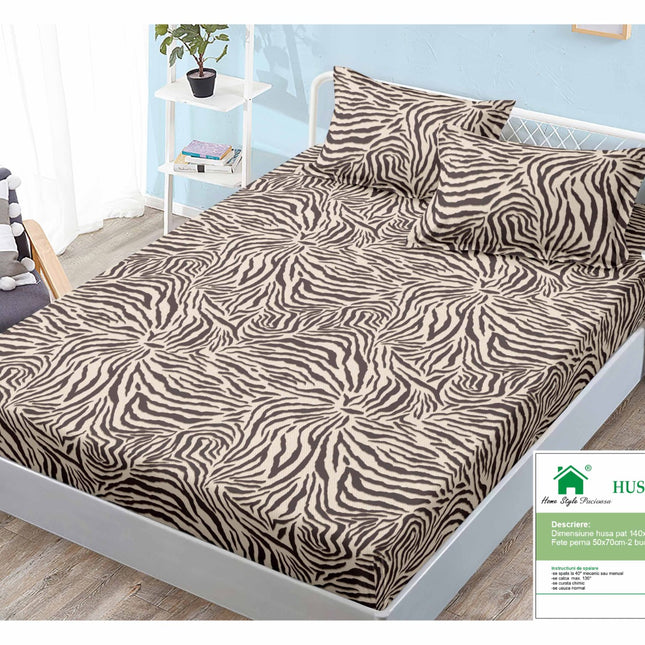 Husă de pat cu elastic din Bumbac Finet + 2 Fețe de Pernă, 140x200, Cod: DRM401
