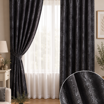 Draperii Sena – Set 2 bucăți, Jacquard Elegant, Negru Antracit, cu rejansă, Cod: SNA10