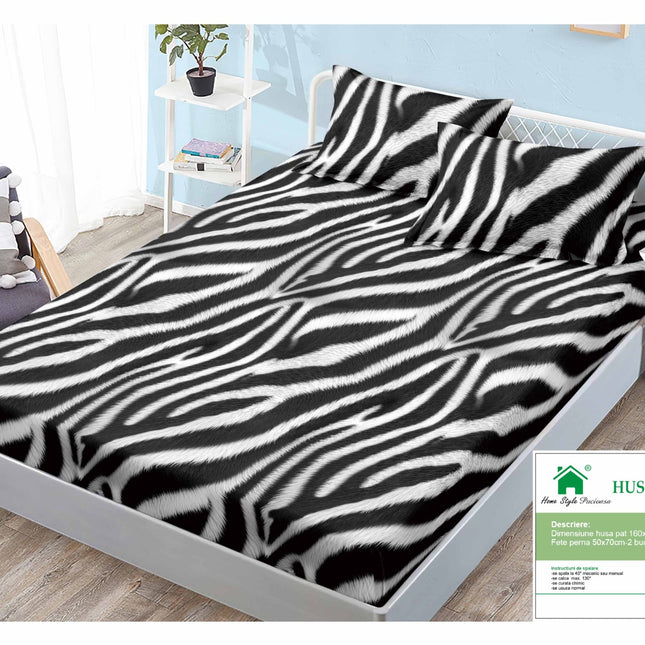 Husă de pat cu elastic din Bumbac Finet + 2 Fețe de Pernă, 160x200, Cod: DRM122