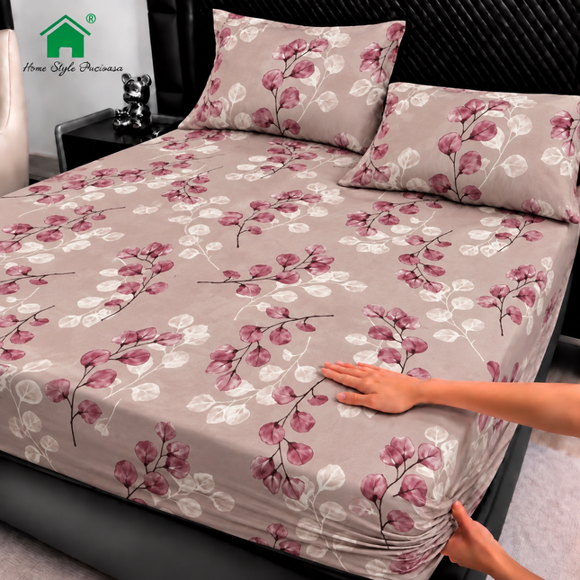 Husă de pat cu elastic din Bumbac Finet + 2 Fețe de Pernă, 180x200, Cod: DRM181