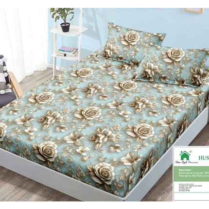 Husă de pat cu elastic din Bumbac Finet + 2 Fețe de Pernă, 180x200, Cod: DRM90