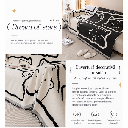 Husă pentru canapea din chenille premium, model ursuleți, alb-negru, 180 × 300 cm, Cod: PRMV8