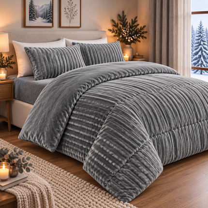 Set de Pat Premium 4 Piese Luxury Touch – tip Blăniță de Iepure & Catifea Moale, Pilotă 200×230 cm, Cearșaf cu Elastic + 2 Fețe de Pernă, Cod: EXW8