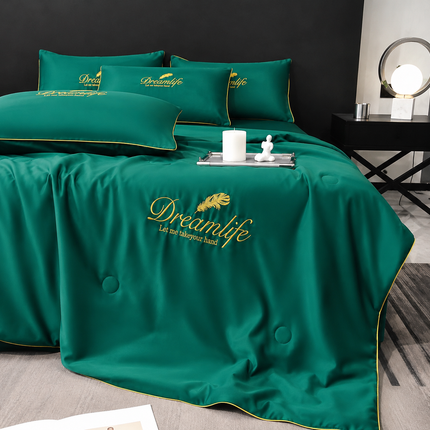 Set Luxury + pilotă ușoară inclusă din Mătase, 4 piese, pat dublu, verde smarald, Cod: FMY25