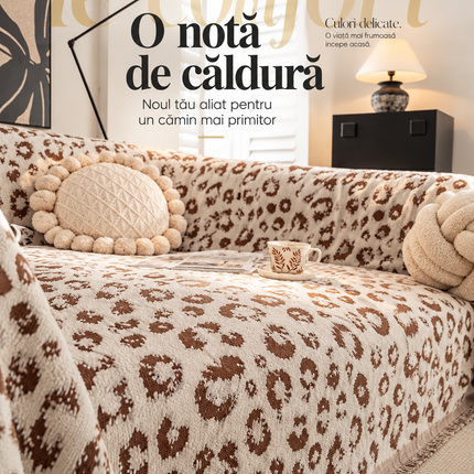 Husă pentru canapea din chenille, model animal print, crem și maro, 180 × 300 cm, Cod: PRMV12