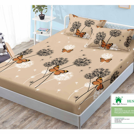 Husă de pat cu elastic din Bumbac Finet + 2 Fețe de Pernă, 160x200, Cod: DRM139